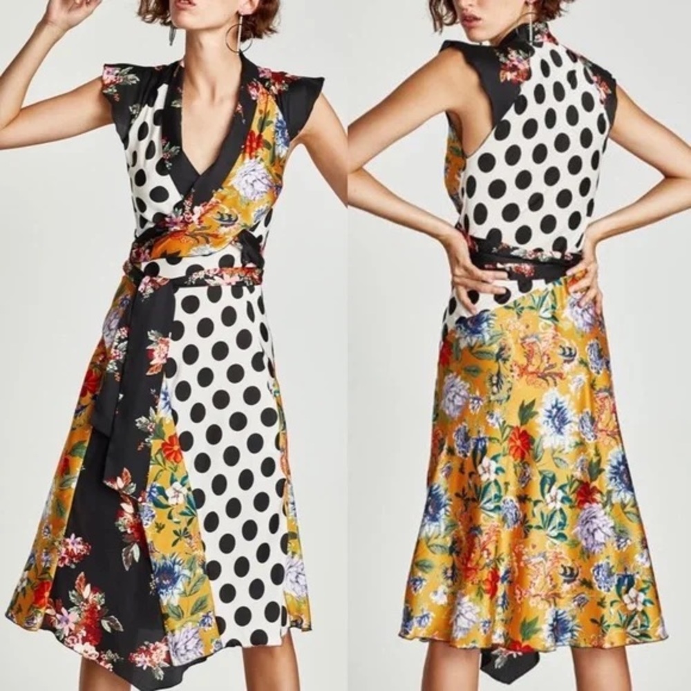 Zara Floral and Polka Dot Patchwork Dress, Size Large